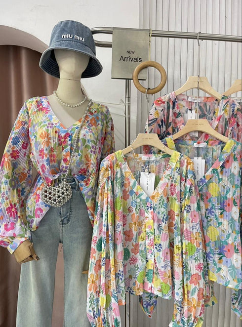 Summer Floral Print Loose V-Neck Tops